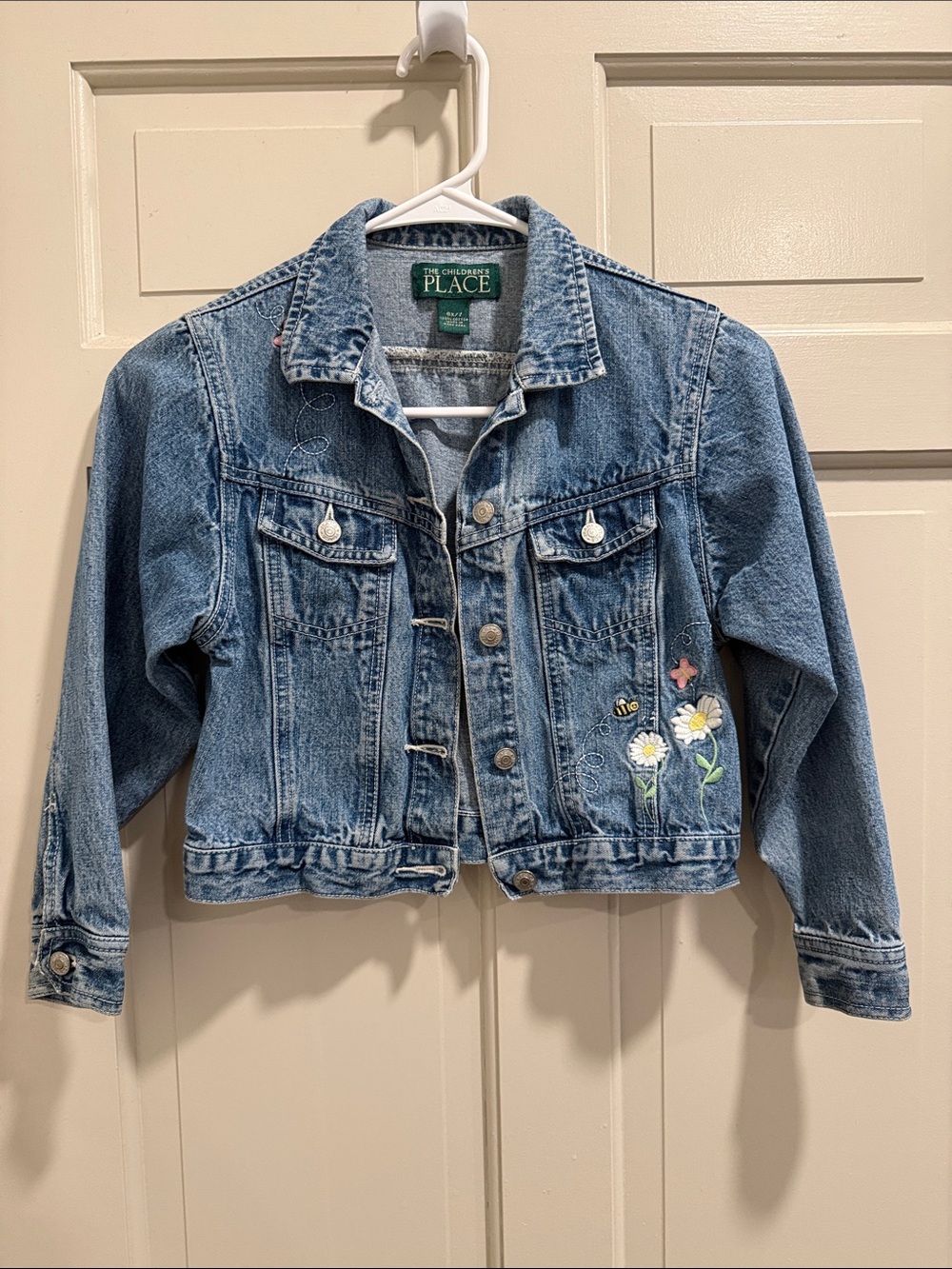 The Children's Place Med Blue Denim Jacket with Floral Embroidery Size 6X/7